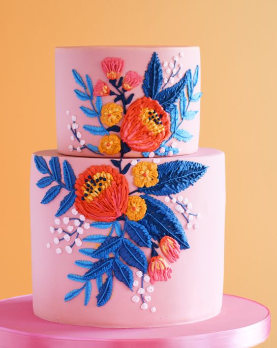 Mexican embroidery inspired wedding cake. Love the gorgeous colours!!  That's some work of art on this one, considering it is hand painted : r/ Cakes